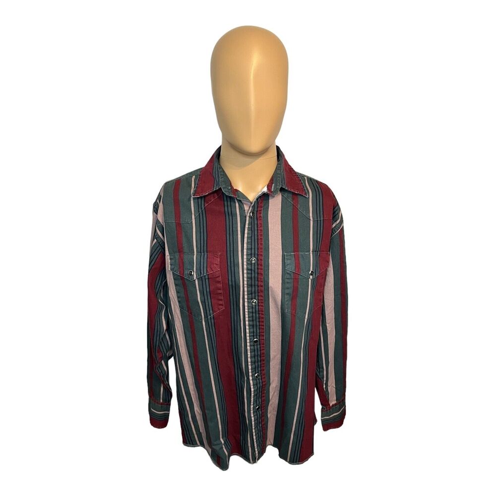 Vintage Wrangler Green Red Striped Long Sleeve Button Up Pearl Snap Size Large - Picture 2 of 6